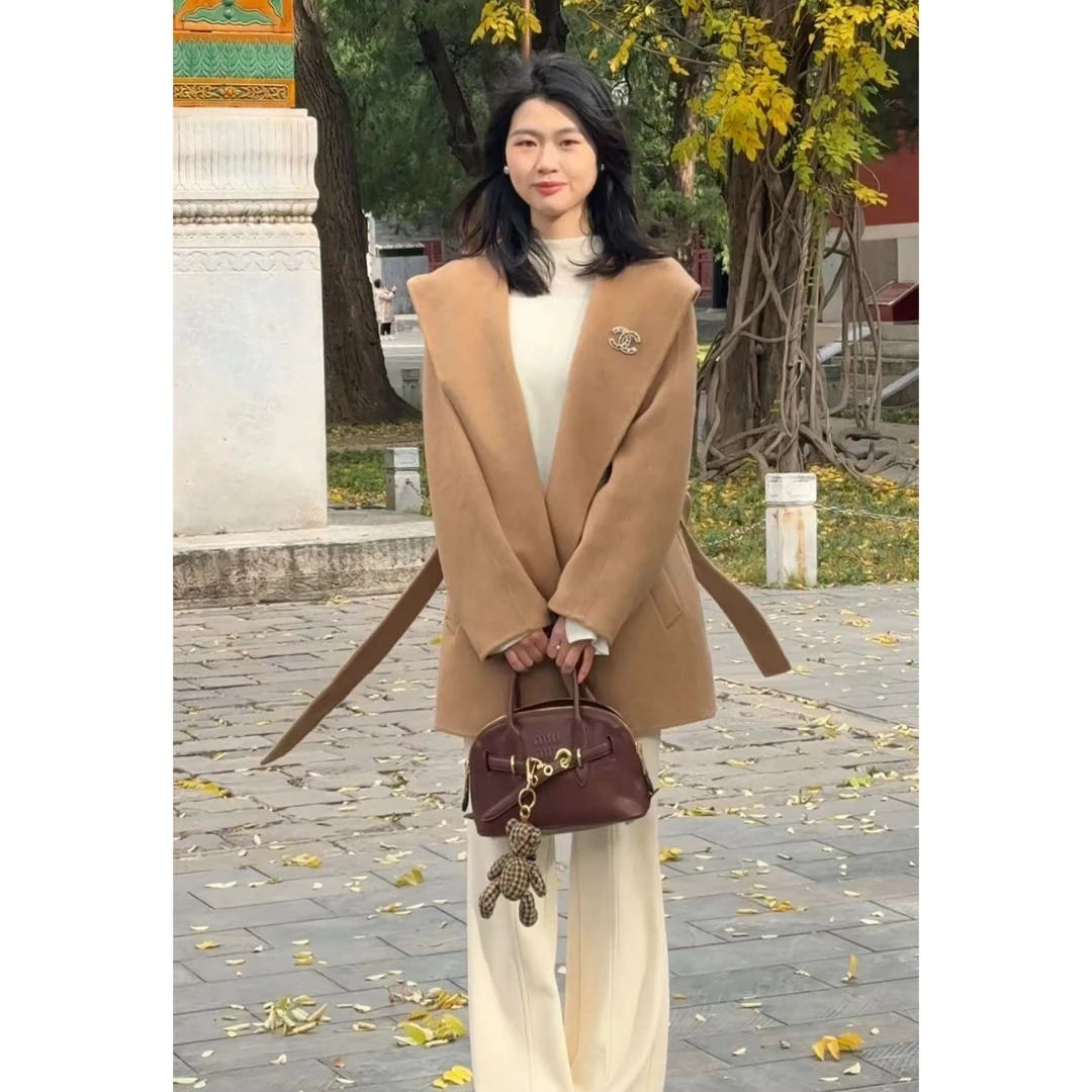 【若木知秋】婴驼绒超细柔秋冬翻领连帽中长款外套大衣保暖显瘦气质