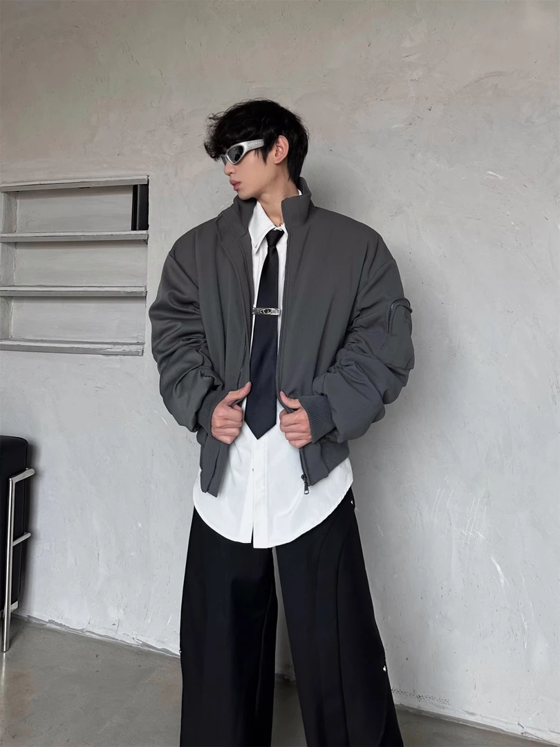 飞行员夹克外套男秋冬款美式廓形短款棉服立领教练棒球服