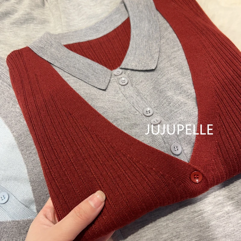 2024秋季新款洋气衬衫领开衫假两件针织衫打底衫女款宽松显瘦毛衣