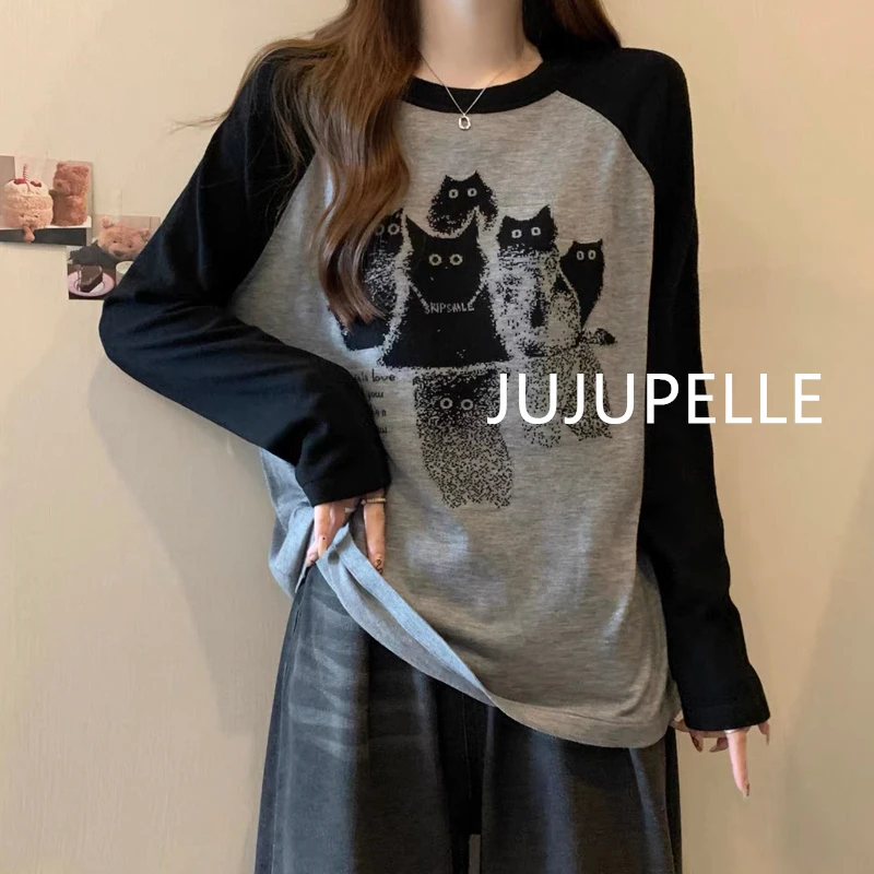 2025春季新款气质百搭小猫套头女宽松针织衫显瘦圆领外套毛衣上衣