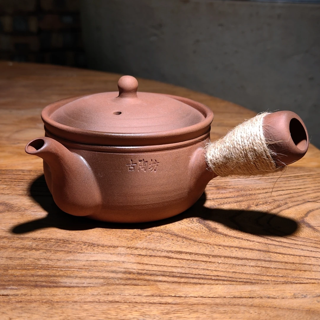 古陶坊侧把窑变复古围炉煮茶壶工夫茶具老岩泥大口白茶明火粗陶土