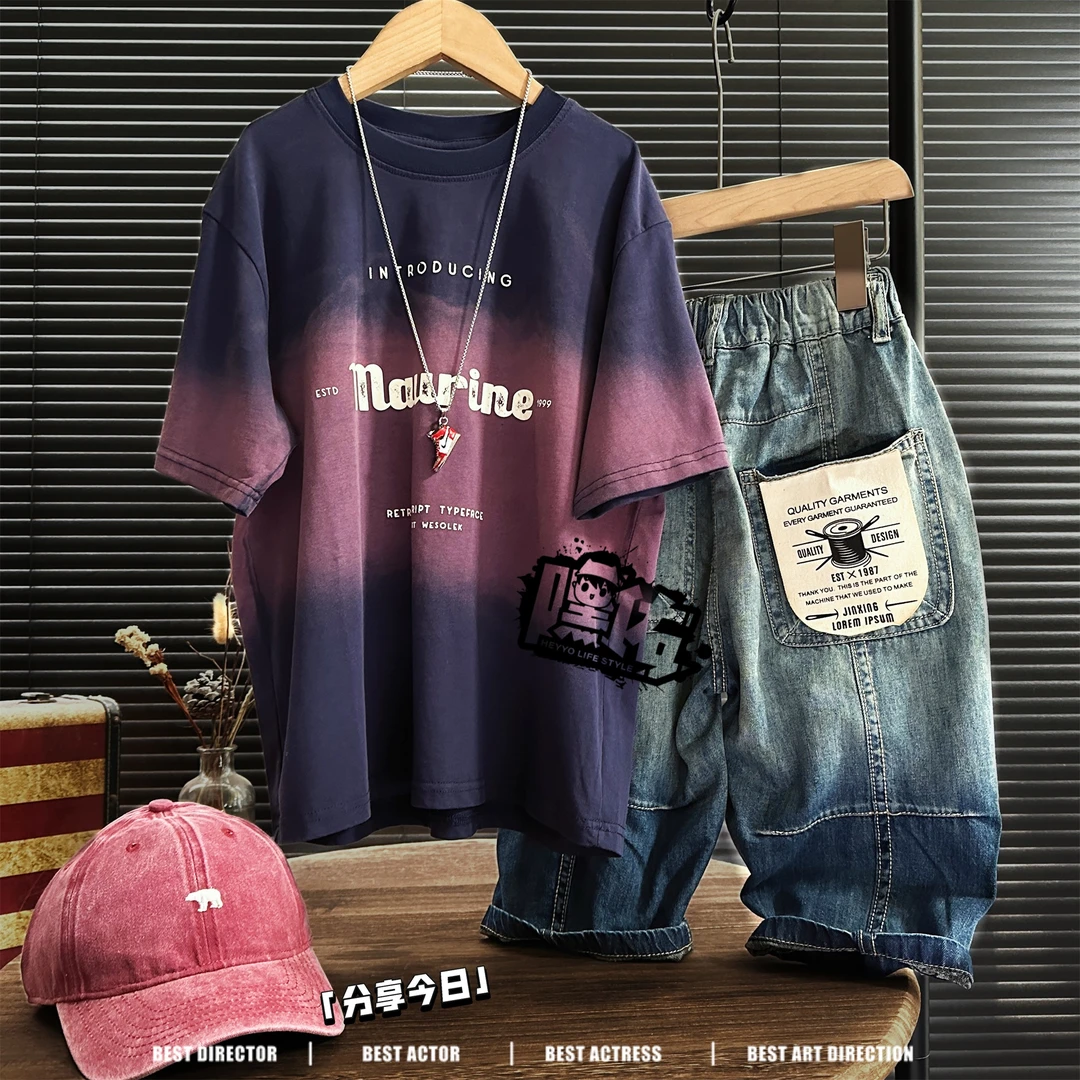 【现货】4X020童装夏季中大童渐变色时尚潮流ins半袖男童帅气T恤