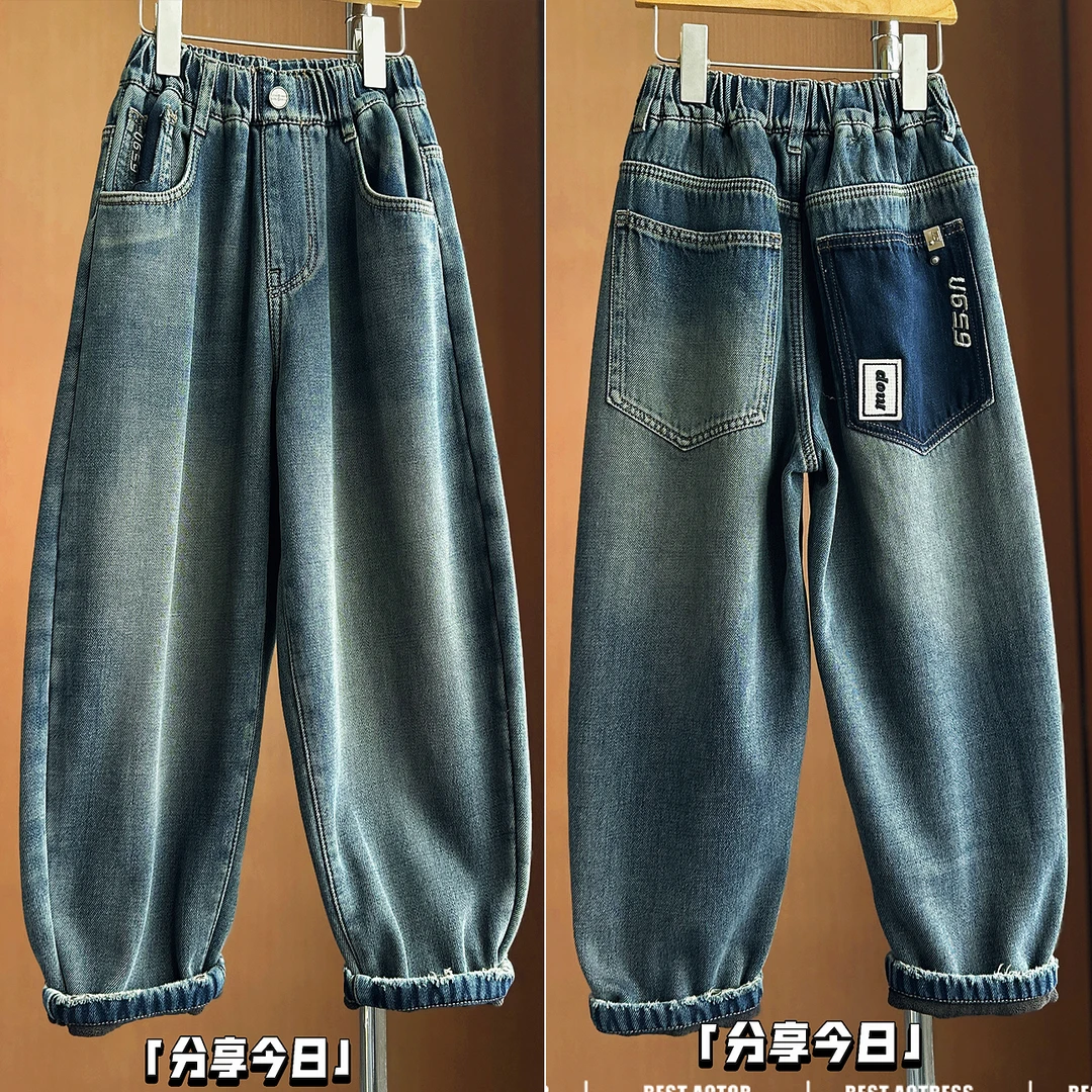 有货】4Q318中大童秋冬宽松儿童牛仔复古水洗时尚儿童潮牌牛仔裤