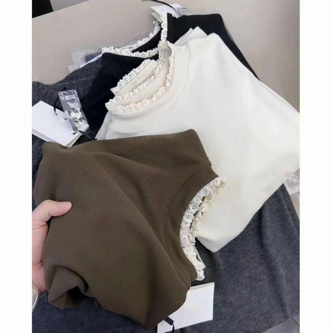 秋冬新款时尚双面德绒花边蕾丝领打底衫高级感秋冬打底衫内搭T恤