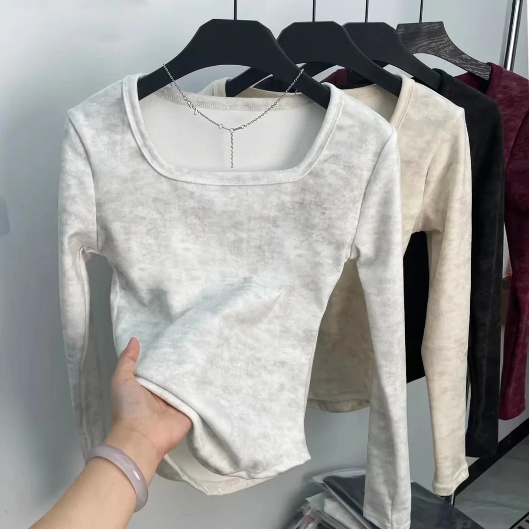法式方领加厚收腰简约扎染打底上衣秋冬新款内搭德绒长袖上衣T恤