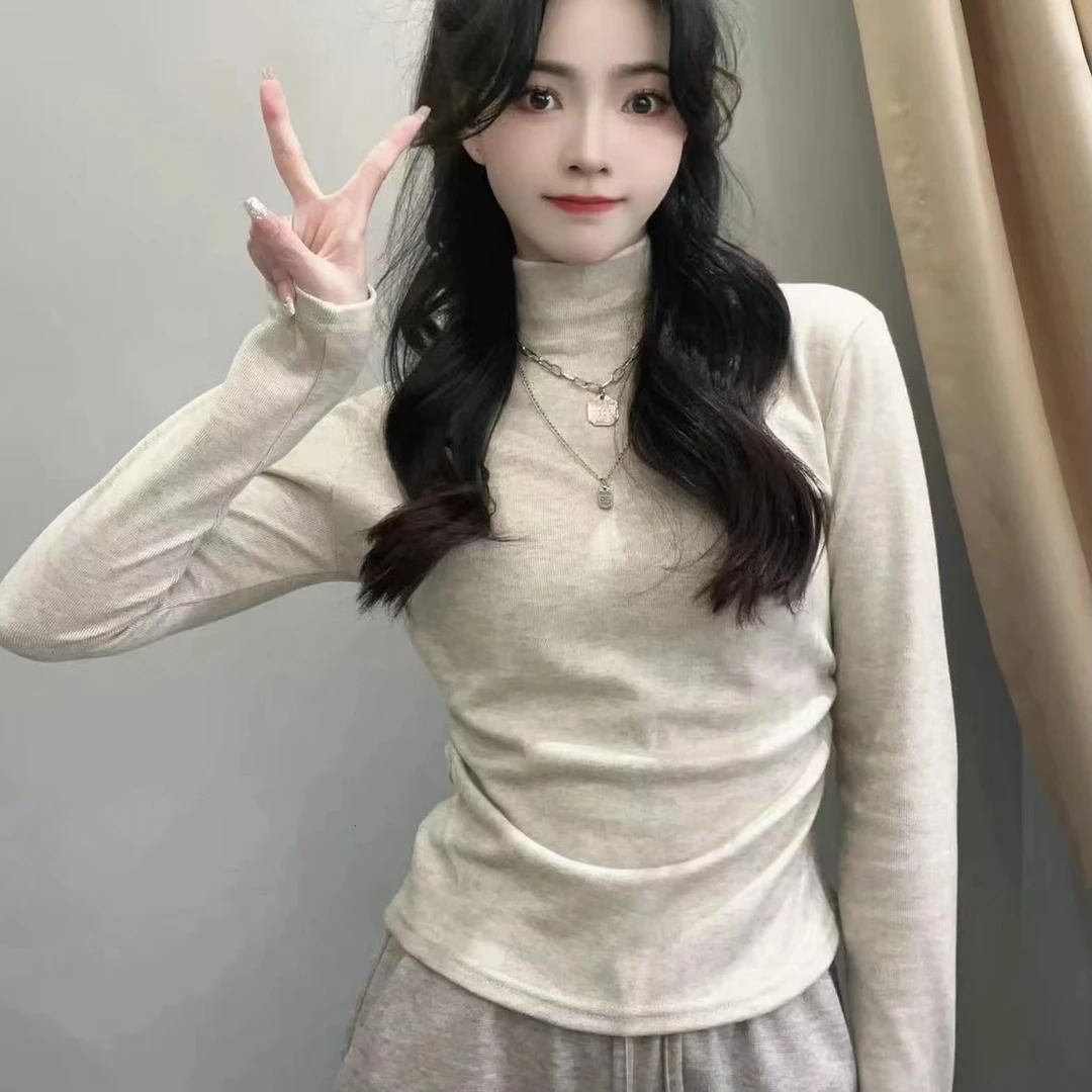 秋冬半高领长袖T恤加绒保暖显瘦修身百搭外穿上衣女洋气打底衫女