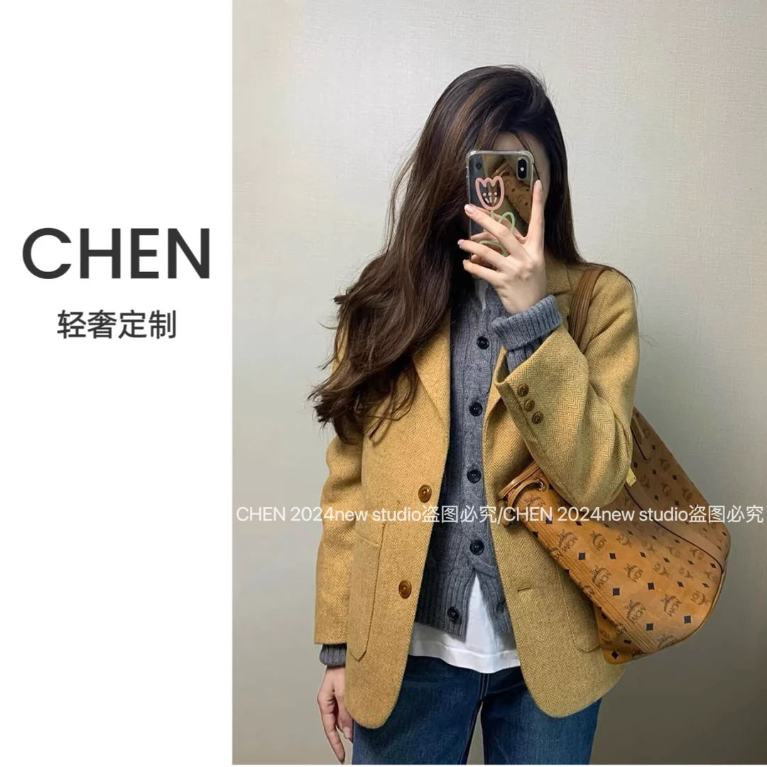 英伦复古羊毛姜黄色杂花人字纹小香风精致西装外套