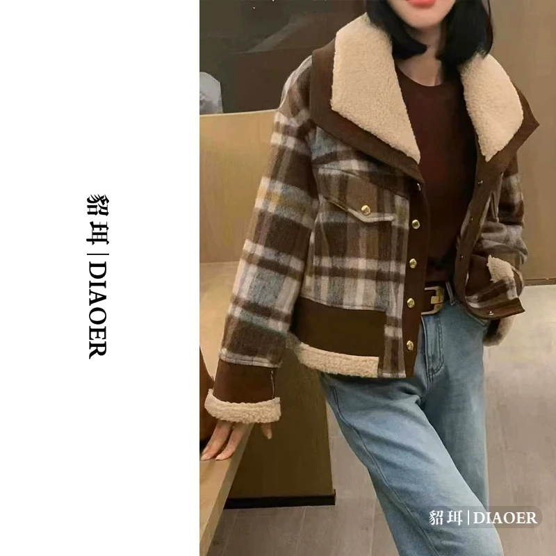 DIAOER/貂珥【复古格子】翻领保暖加厚充棉小香风短款外套女大衣