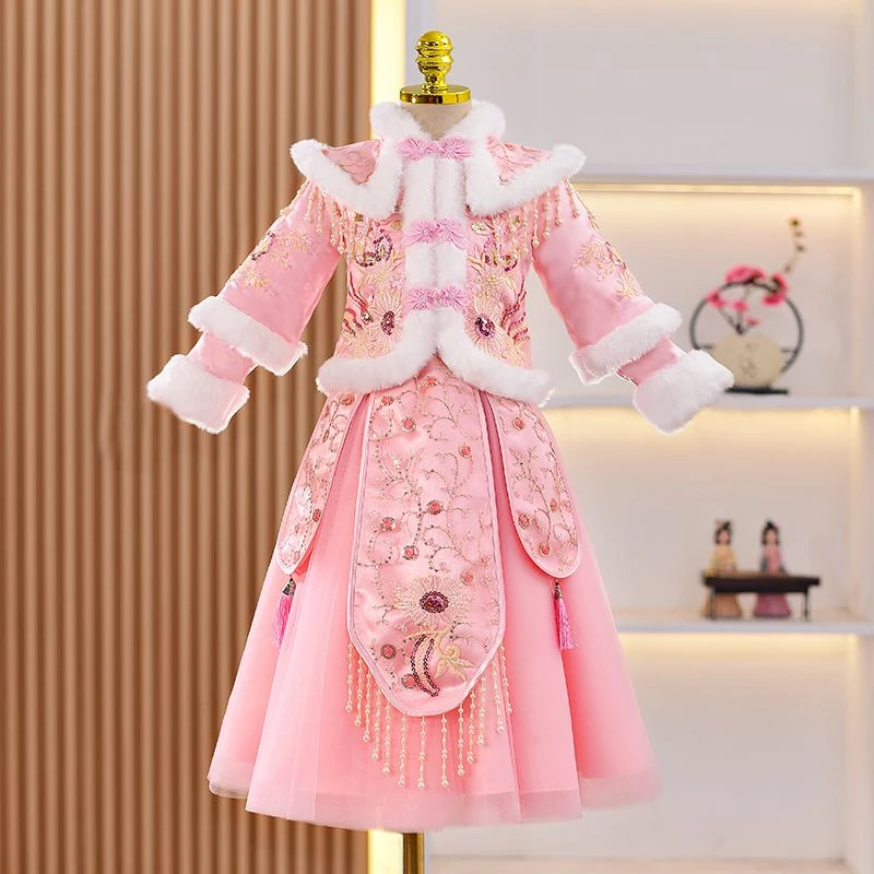 汉服女童冬季裙子2023套装儿童加绒加厚连衣裙秋冬款公主裙拜年服