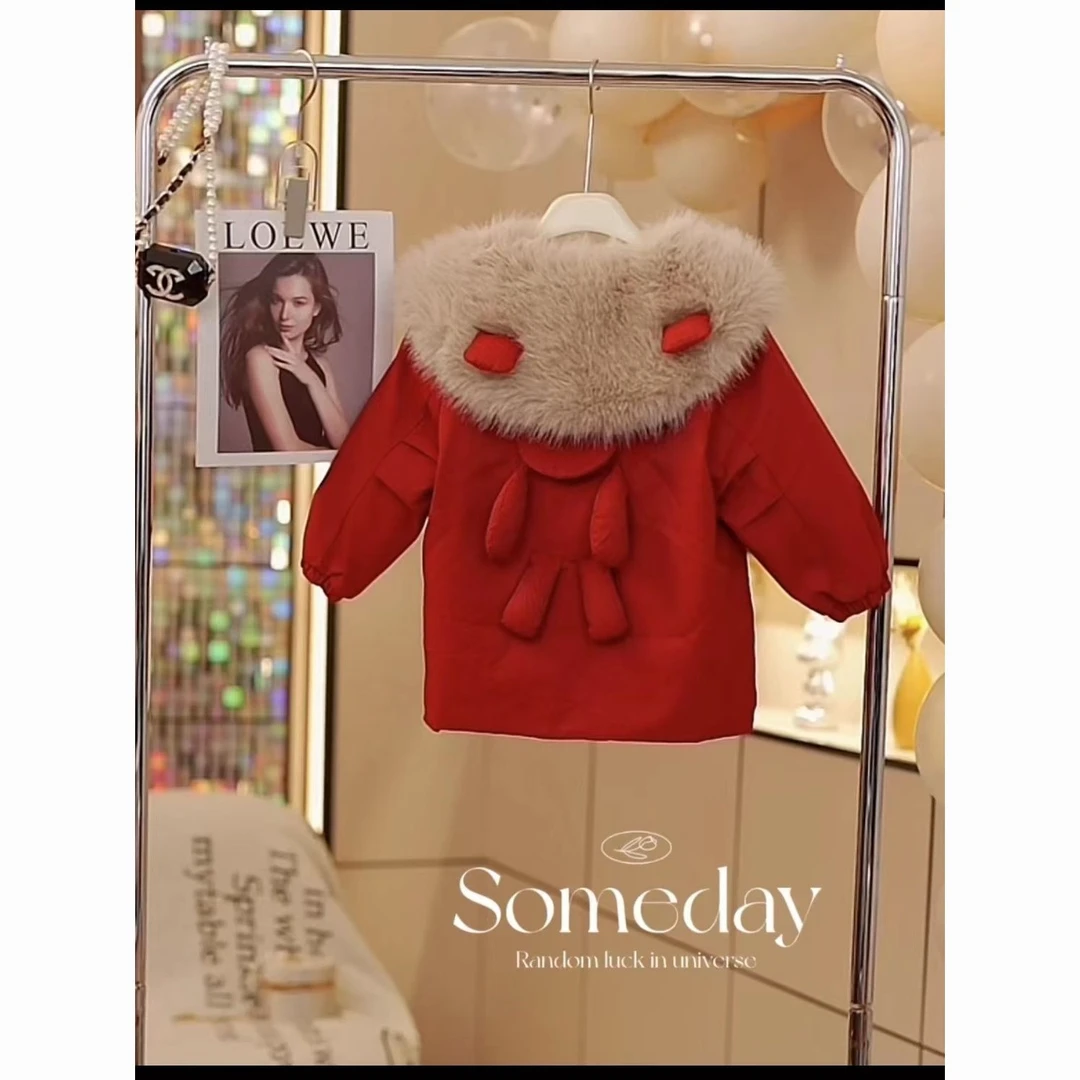 女童装加绒派克服外套2023新款韩版秋冬红色新年装加厚棉服棉衣潮