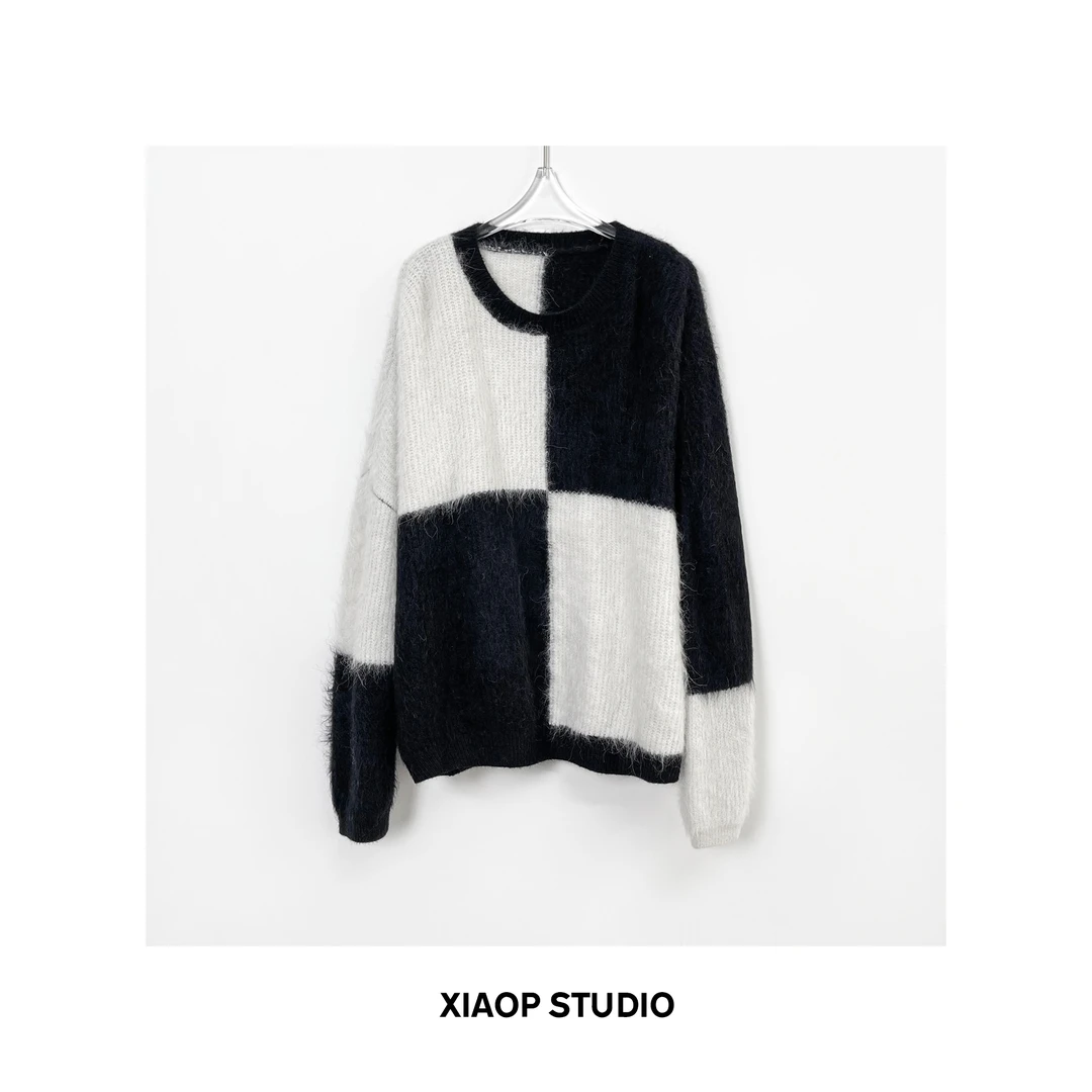 特 XIAOP STUDIO 黑白棋盘格针织衫宽松慵懒拼色毛衣 CN23202