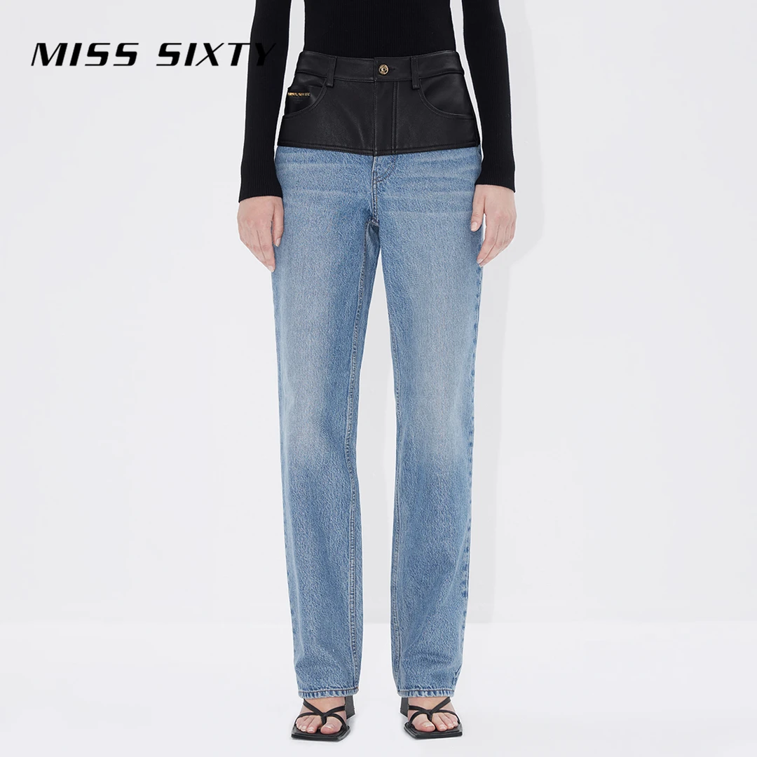 Miss Sixty早秋新款拼接高腰直筒牛仔裤时尚水洗常规浅色通勤裤子