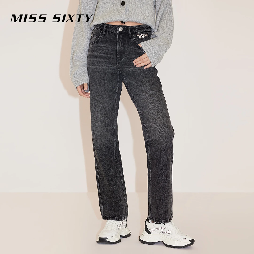Miss Sixty新款牛仔裤女钻饰复古显瘦窄版直筒裤黑灰色