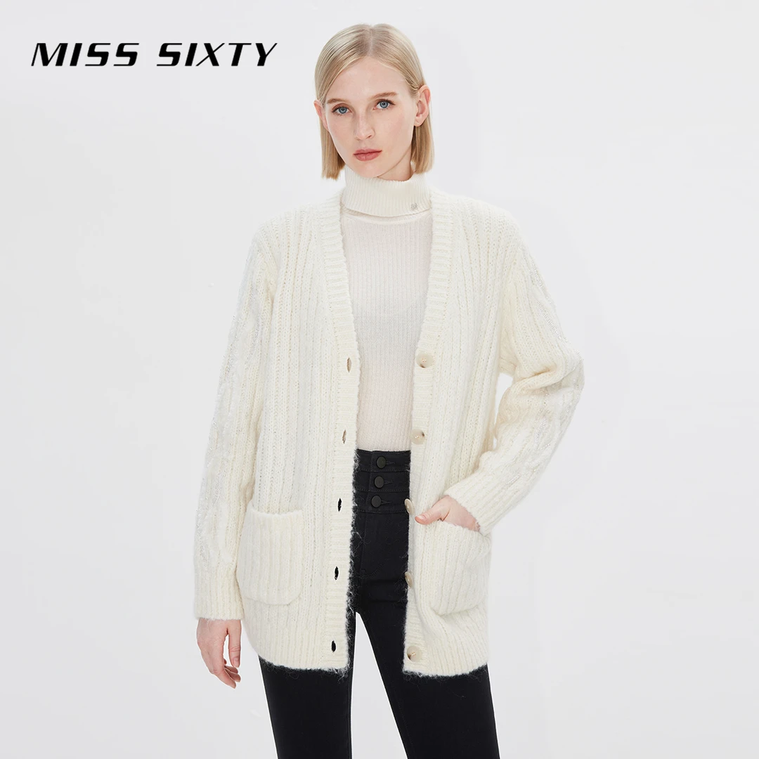 Miss Sixty冬季毛织外套V领单排扣宽松慵懒松弛感优雅气质百搭