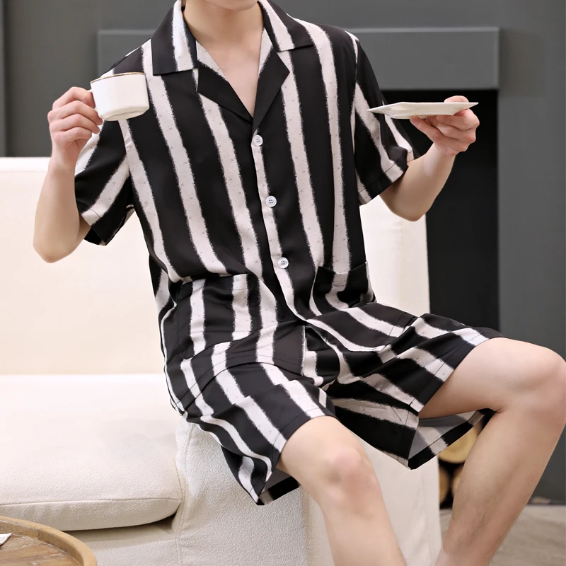 【C魅甄选】男士睡衣套装冰雪软丝条纹短袖短裤家居服可外穿2313