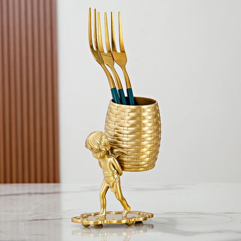 黄铜北欧复古天使装饰客厅餐桌摆件咖啡勺水果叉黄铜收纳家居2012