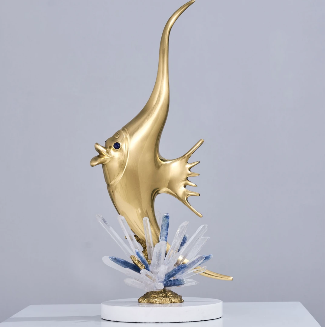 1630 黄铜水晶鱼摆件客厅酒柜摆设高端软装家居装饰品