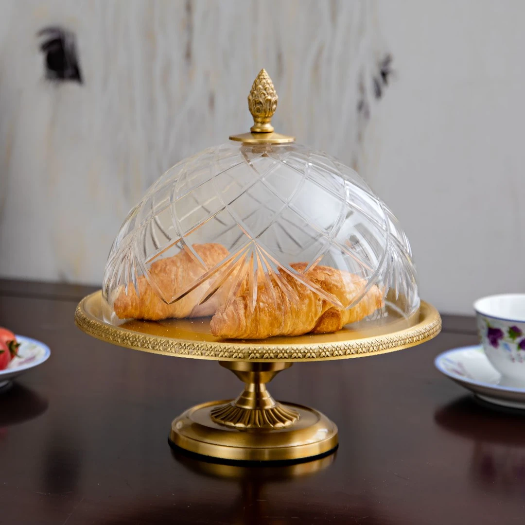 带盖高脚面包点心盘黄铜高档餐桌圆形水果盘X1018