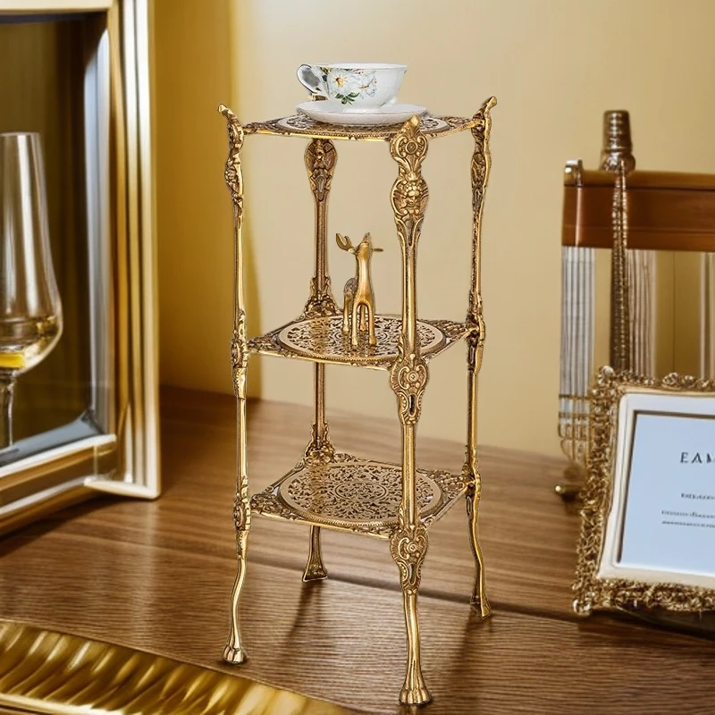 D3140 家居客厅黄铜落地置物架多层镂空造型收纳架边几奢华欧式