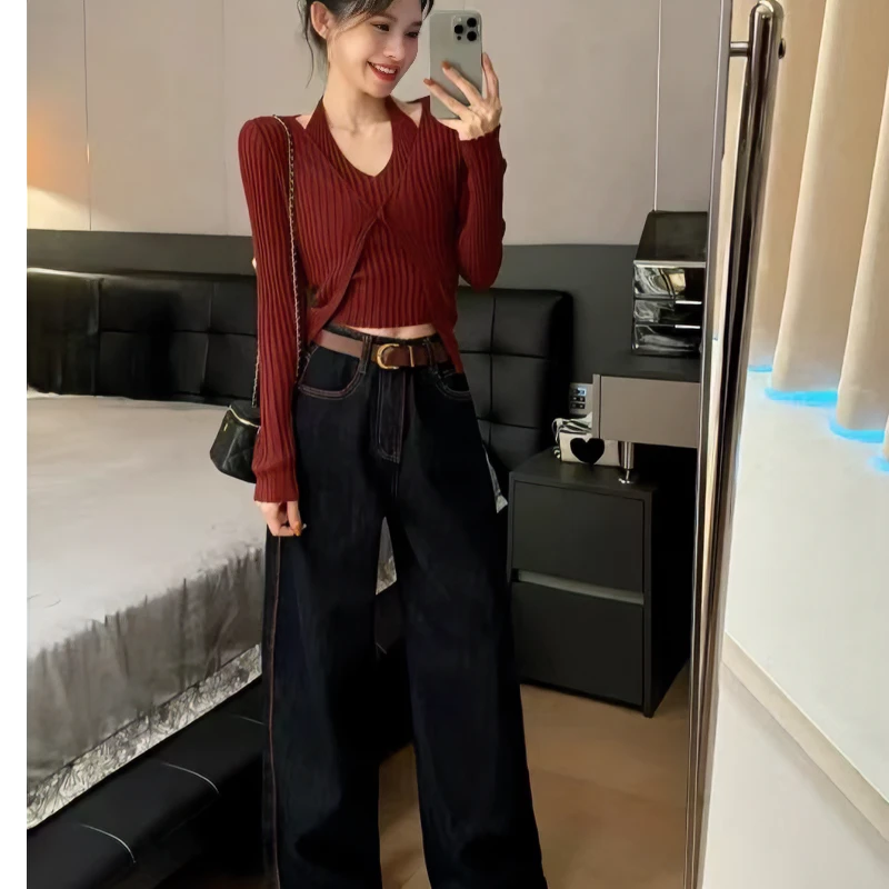 秋冬新款牛仔裤复古高腰百搭显瘦阔腿裤拼色设计深蓝色垂感长裤子