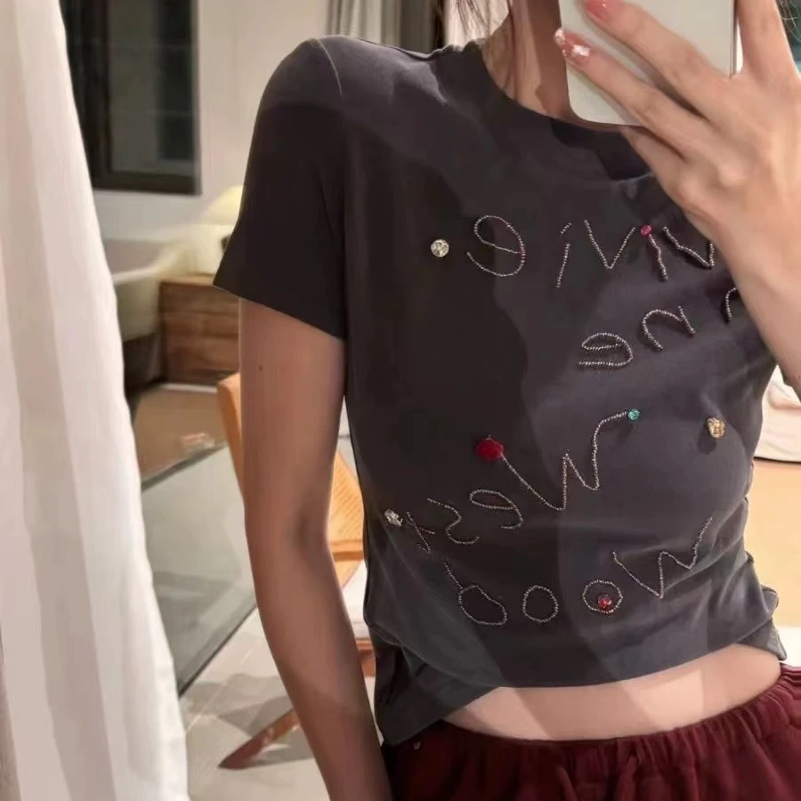 入秋女装深圳南油原创2024新款上衣重工字母绣珠品质短袖时尚T恤