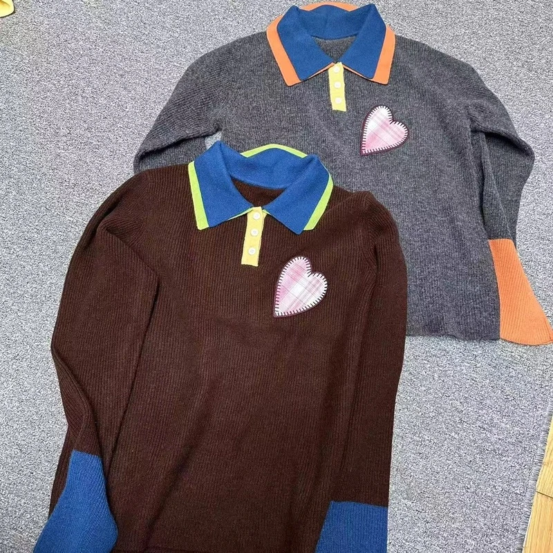 深圳南油高货设计师款趣味彩色拼接爱心高级复古翻领毛衣