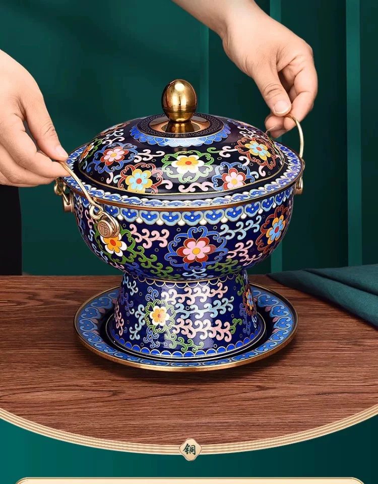 一人食插电小火锅打边炉酒精小火锅酒精炉小铜锅珐琅彩景泰蓝小锅
