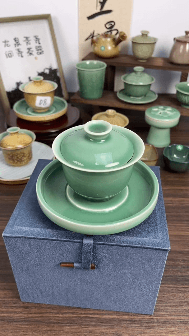 【闪购商品】瓷杯梅子青素面三才盖碗