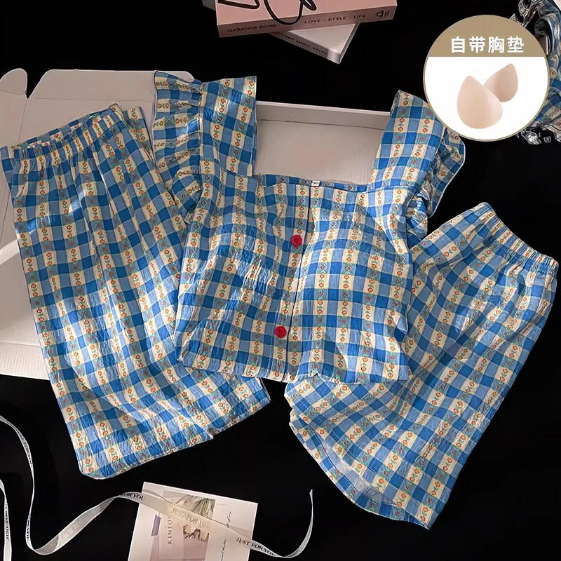 日系格子吊带长裤睡衣女夏季薄款短裤三件套装新款甜美宽松家居服