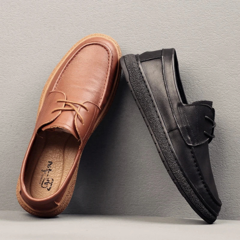 头层牛皮休闲皮鞋男柔软舒适真皮透气纯牛皮系带软皮软底缝线男鞋