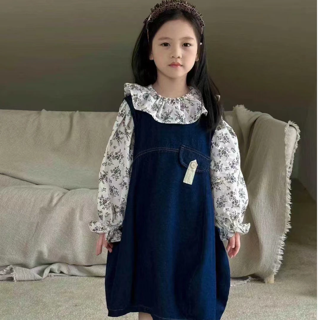 女童洋气不规则背带裙套装韩版2024新款碎花衬衫背带裙两件套