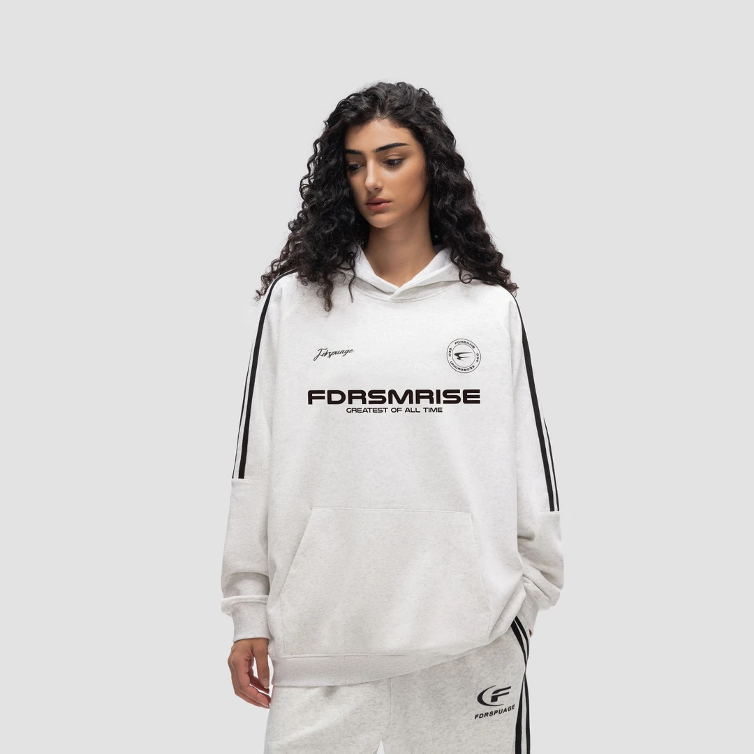 FDR原创国潮新款秋冬时尚宽松印花拼接条纹百搭情侣连帽织带卫衣