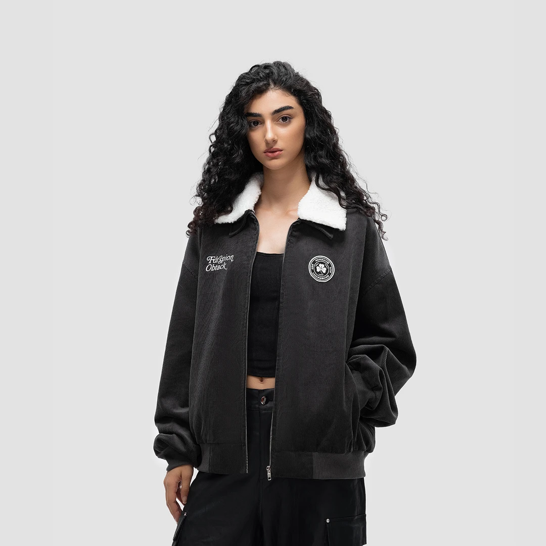 FDR原创国潮新款时尚学院风美式宽松情侣款保暖毛毛领灯芯绒外套