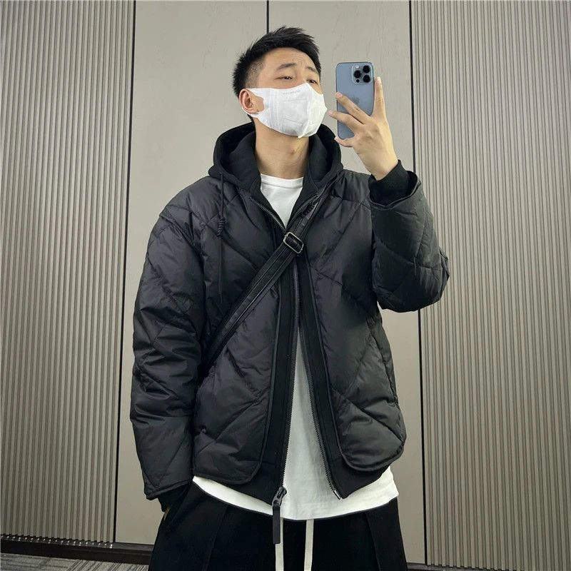 2023秋冬新款连帽假两件羽绒棉服服男时尚百搭拼接痞帅加厚棉