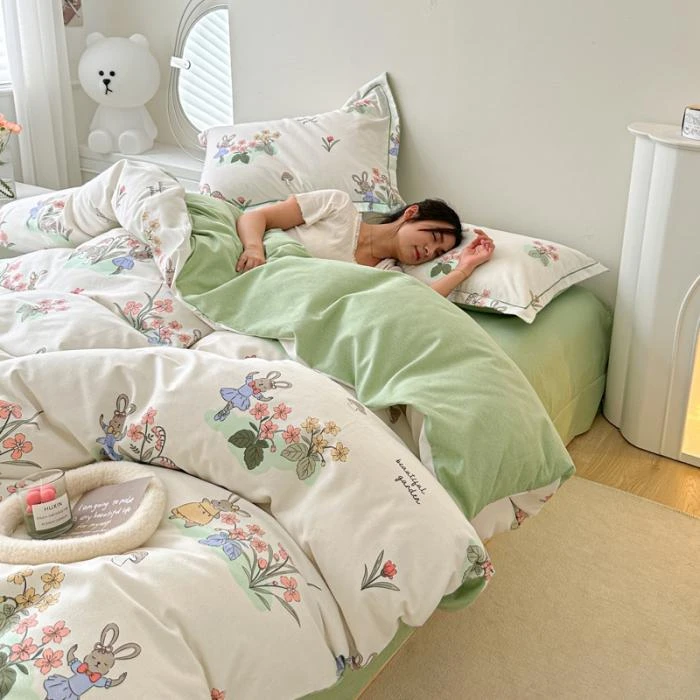 加厚全棉斜纹磨毛四件套小清新印花床上用品亲肤舒适床单被套