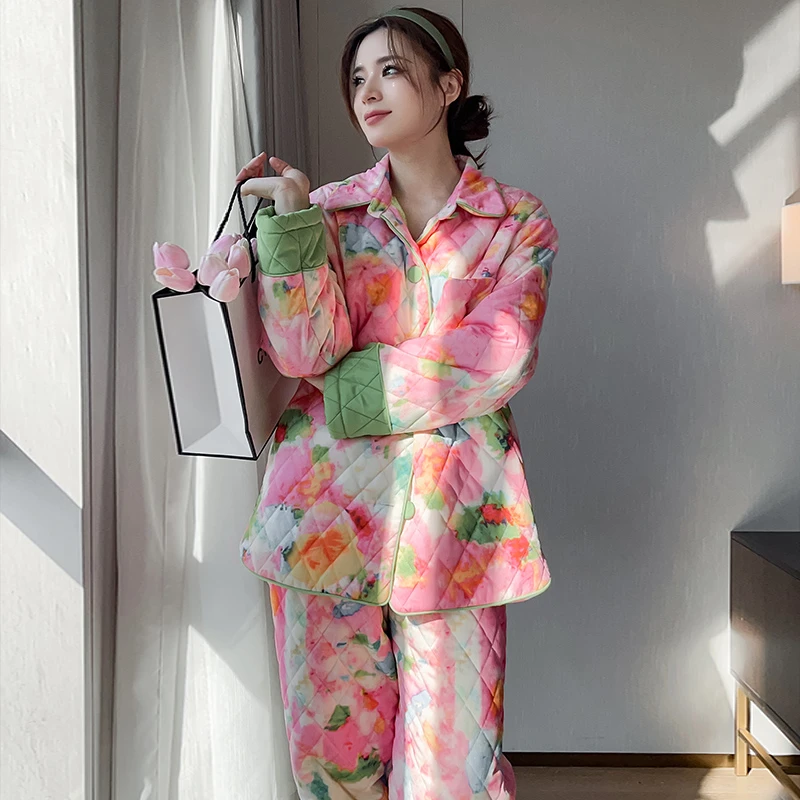 玫瑰夹棉印花睡衣套装保暖加厚翻领外穿家居服睡衣女冬季2024新款