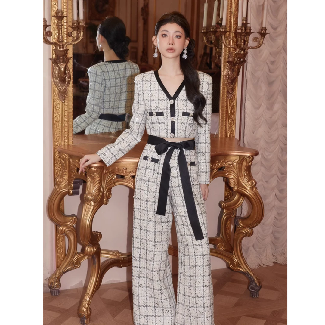 Wardrobes by chen小香撞色粗花呢外套阔腿裤套装CHEN24AW1041