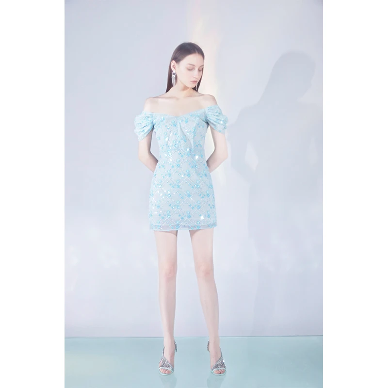 Wardrobes By Chen【TJ】网格刺绣晶珠缀饰挂肩迷你连衣裙SS20D0553