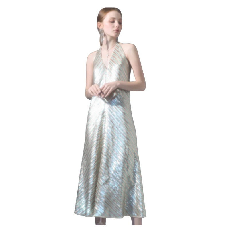 Wardrobes By Chen双色条纹亮片V领露背吊带裙D19SS46