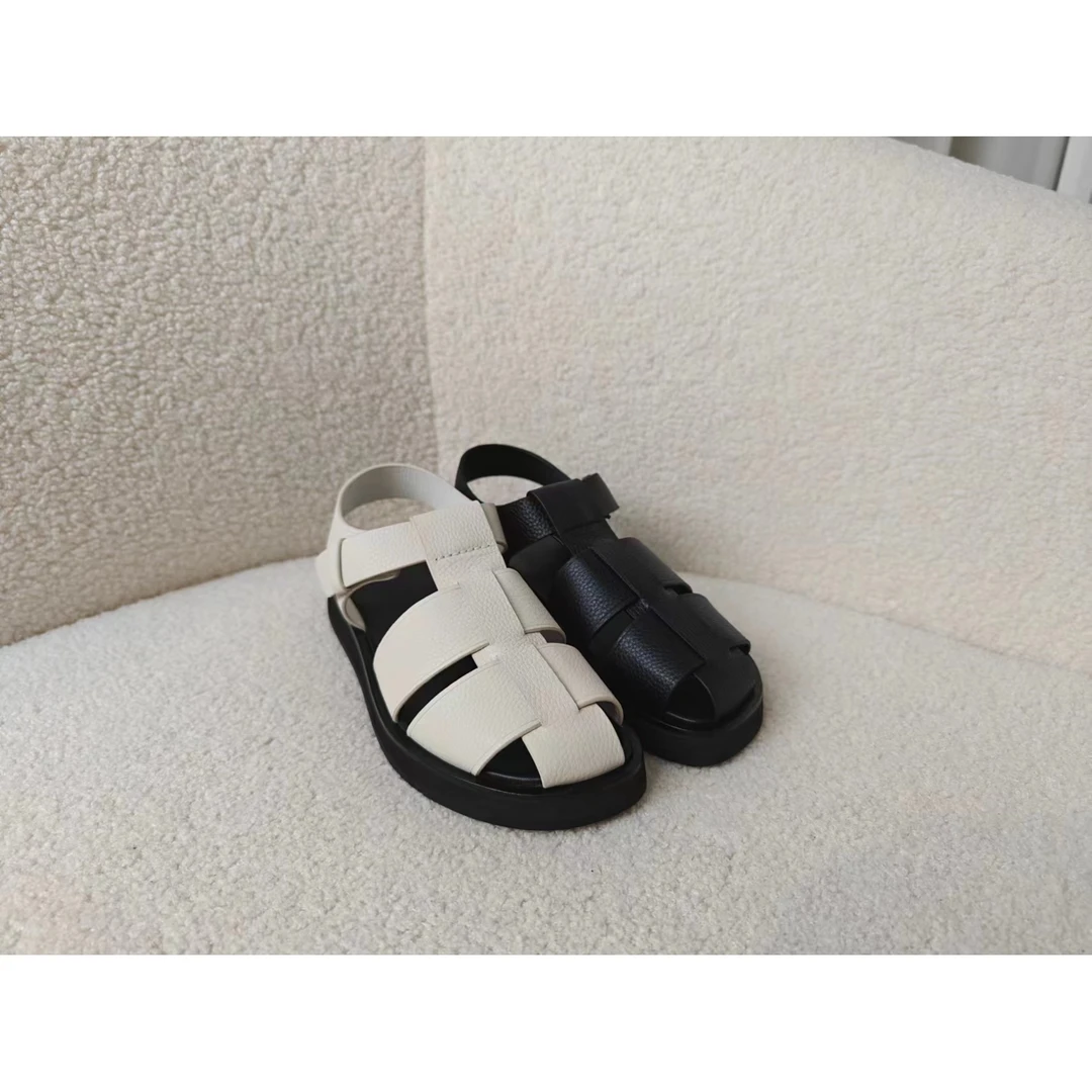 老王甄选 夏季高品质系列 复古简约真皮编织款女士罗马凉鞋