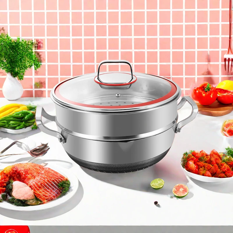 316L不锈钢双耳平底锅不粘家用蒸炖锅小资锅汤锅电磁炉燃气灶适用