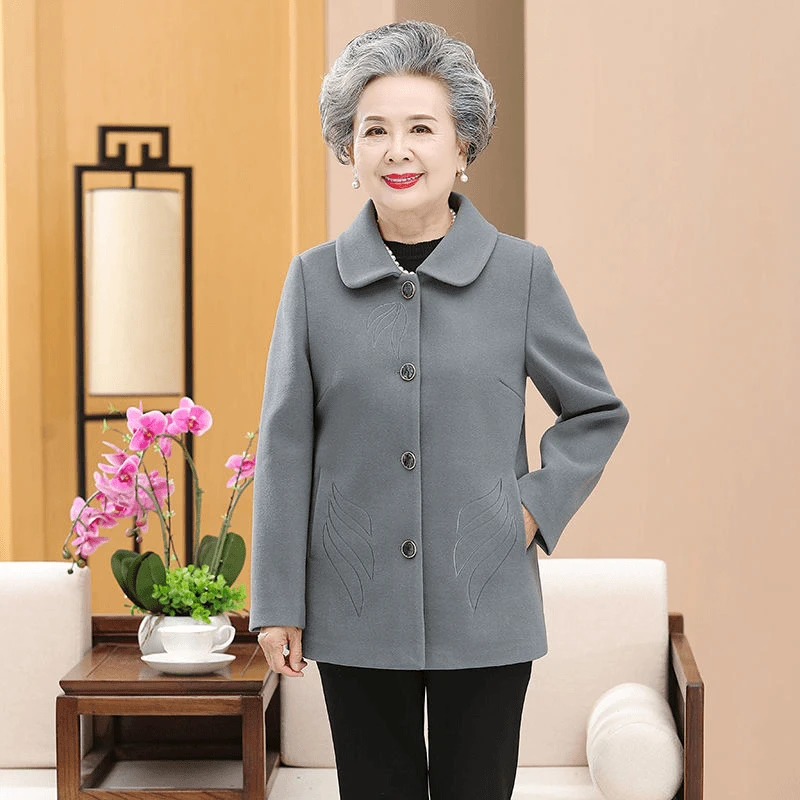 中老年人女装奶奶外套春秋款妈妈毛呢上衣纯色老人太太秋装外衣服