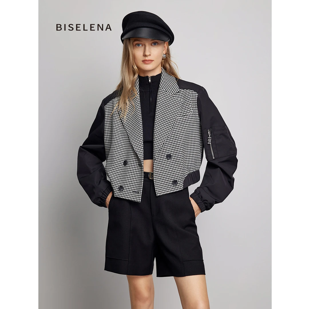 303G贝茜妮法式撞色方格廓形西装女秋新款宽松显瘦时尚短款外套