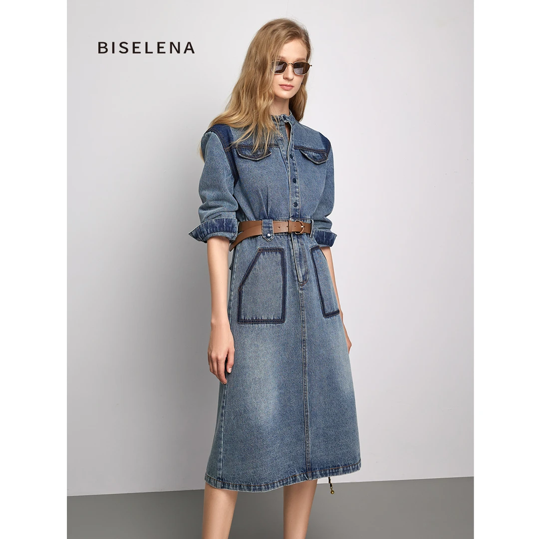 3506贝茜妮法式复古工装牛仔2023秋新款收腰宽松显瘦牛仔裙