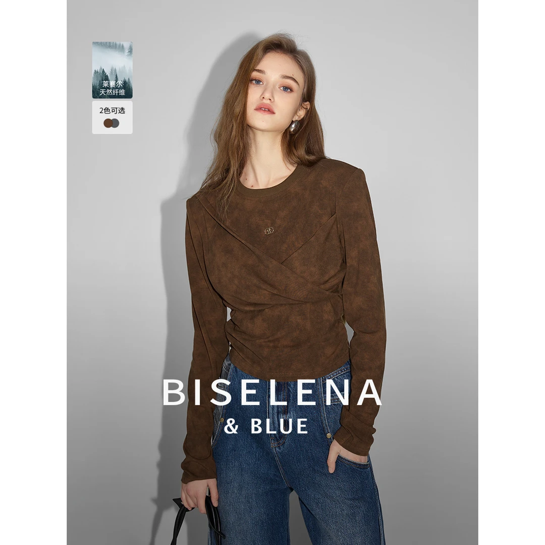 3900贝茜妮法式复古扎染短款长袖t恤女春秋新款修身打底上衣