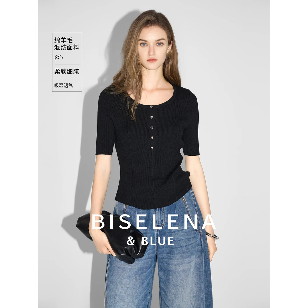 1700贝茜妮法式绵羊毛短袖针织衫女秋修身显瘦气质圆领上衣