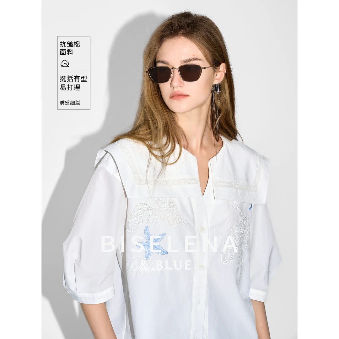 800G贝茜妮法式镂空撞色刺绣衬衫女新款复古宽松翻领短袖