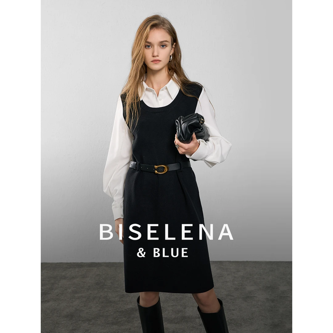 0770贝茜妮法式复古撞色假两件连衣裙女冬新款休闲气质长款裙子