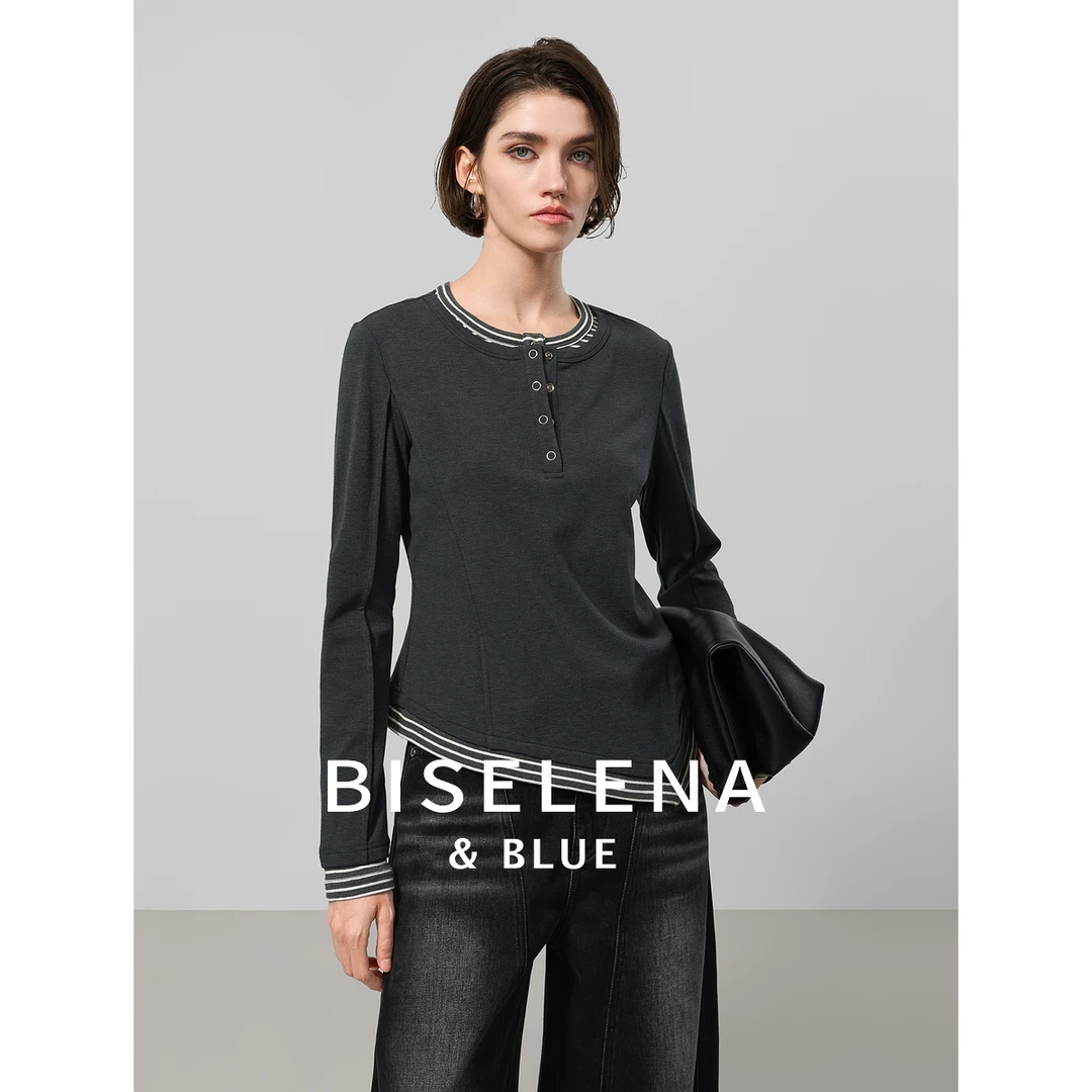 1501贝茜妮|休闲档案条纹拼接假两件套头T恤冬