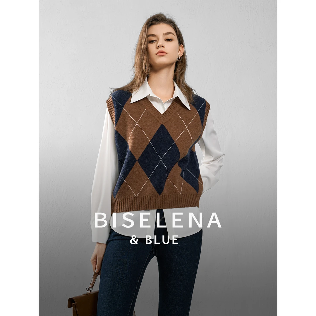 1780贝茜妮复古学院风菱格针织马甲衬衫女2023冬新款高级感上衣